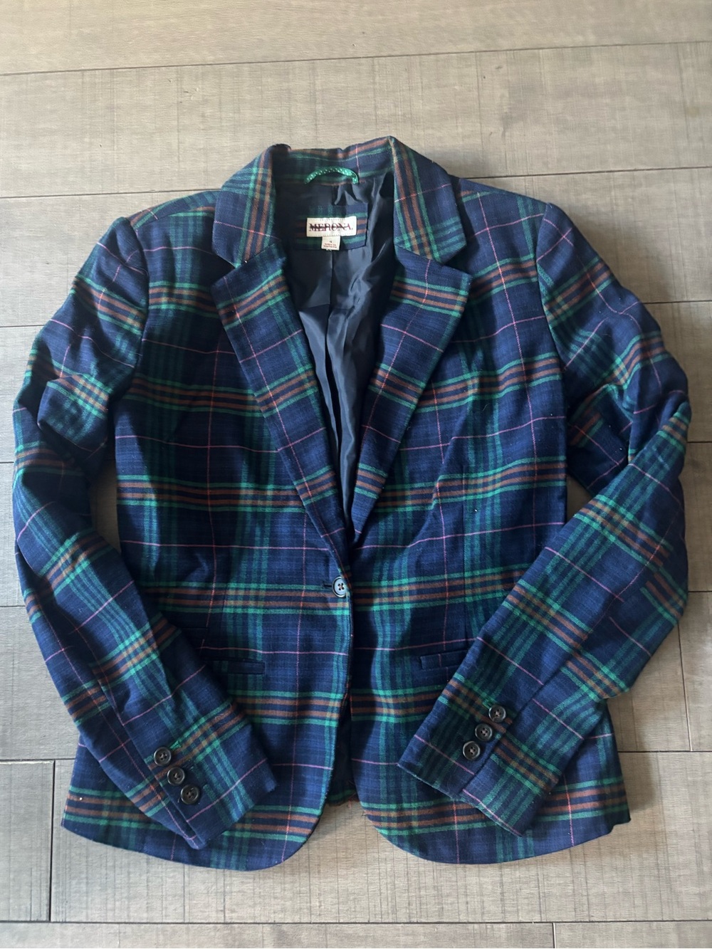 ♥️5/$25♥️Classic Navy Green Plaid Blazer-Fits XS/S Buttoned Up